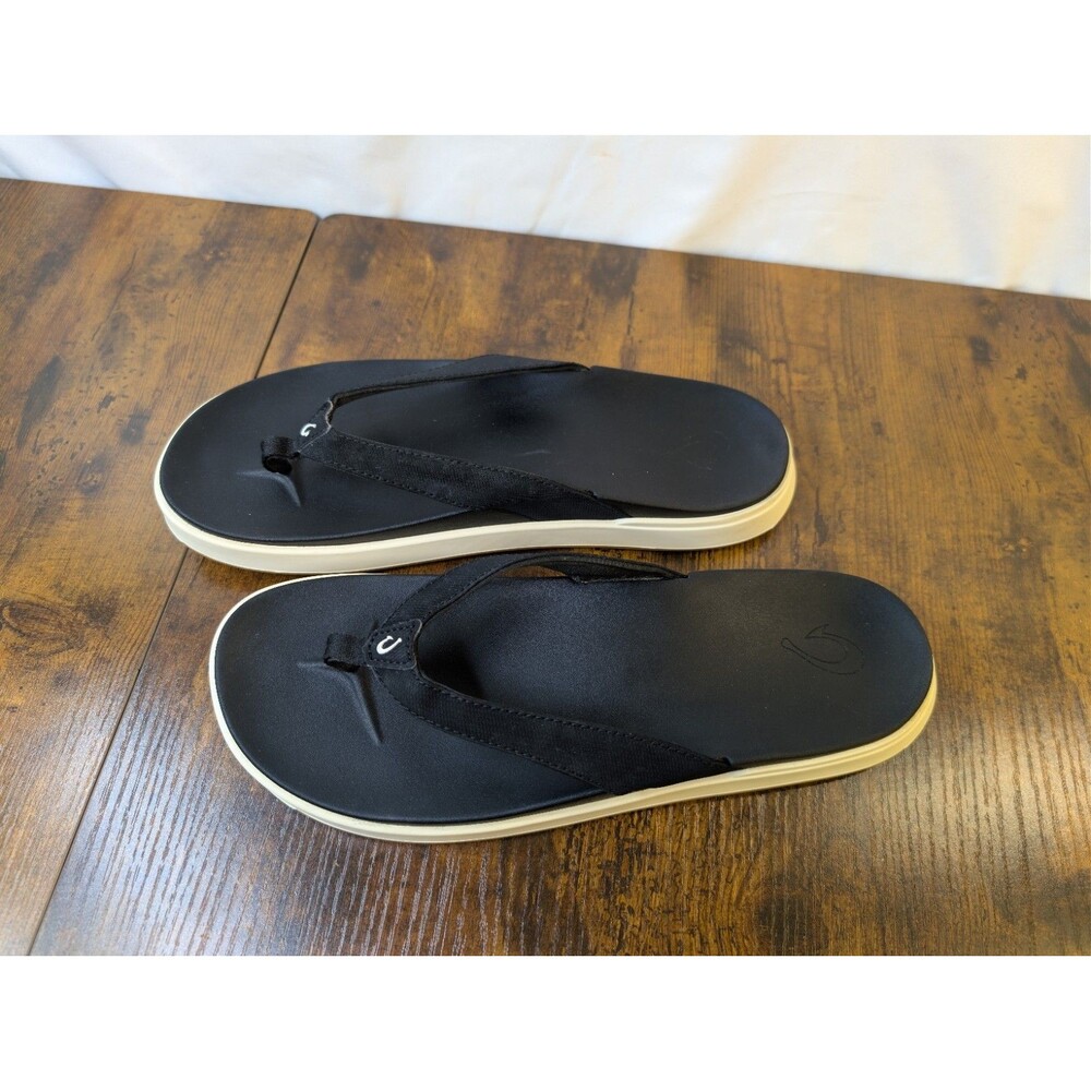 OluKai Nua Pio Womens Black Cream Platform Flip Flop Sandals Size 10 EUR 40 EUC